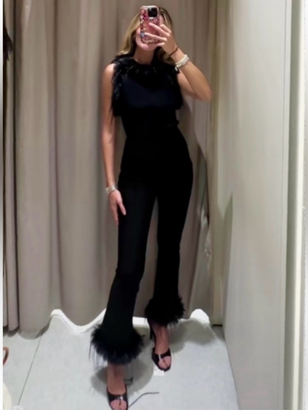 New ZARA Black Feather-Trim Flared Pants